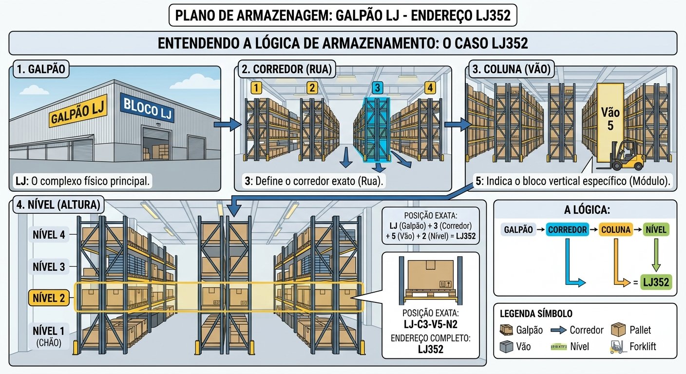 Mapa de armazenagem de referência: galpão LJ, corredor 3, coluna/vão 5, nível 2, gerando o endereço LJ352